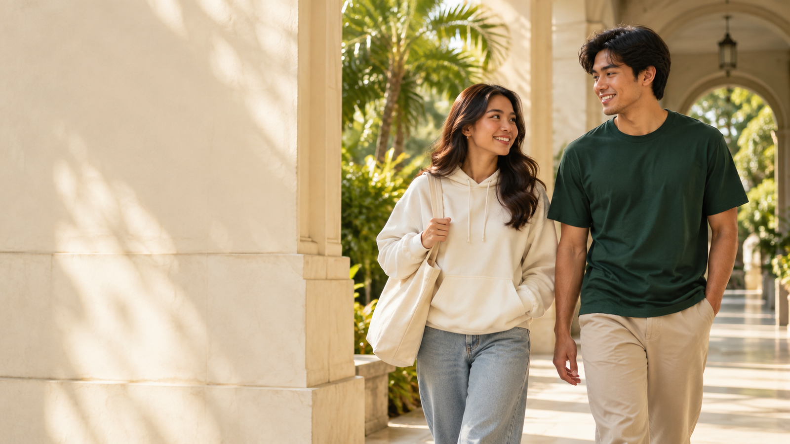 Wesleyan students sharing an everyday moment on campus in green university merchandise